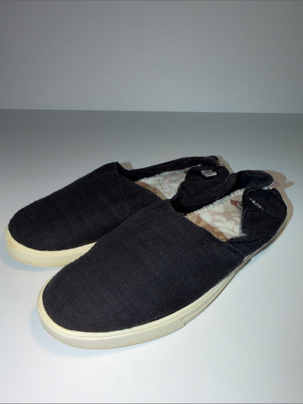 Roxy Black Slip-On Canvas Loafers with Cream Sole